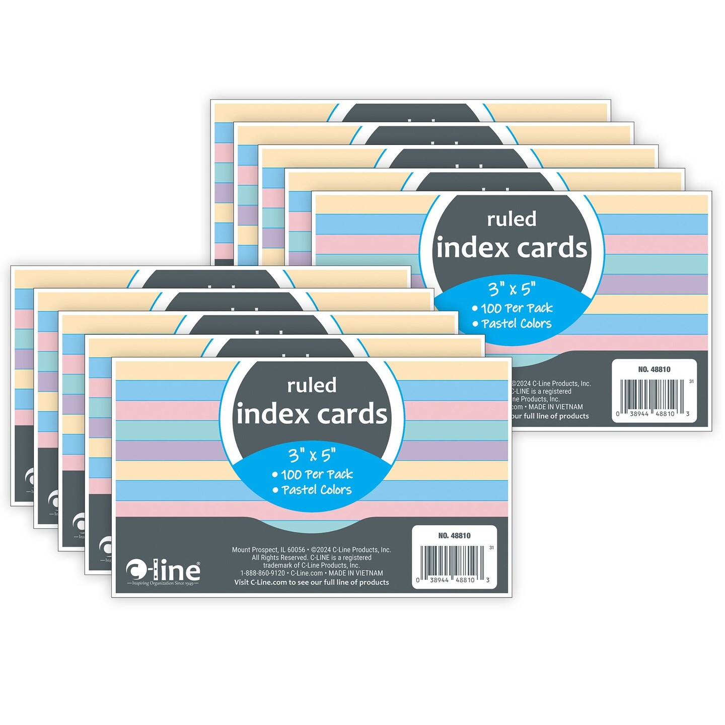 Index Cards, 3&#x22; x 5&#x22;, Assorted Colors, Ruled, 100 Per Pack, 10 Packs