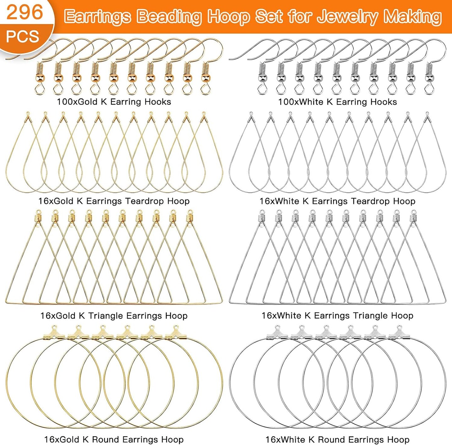 96Pcs Earrings Beading Hoop Set for Jewelry Making,Earring Finding Triangle Teardrop Round Beading Hoop Earrings Bulk with 200Pcs Earring Hooks Hoops Wires for DIY Craft Earring Jewelry Making Earring