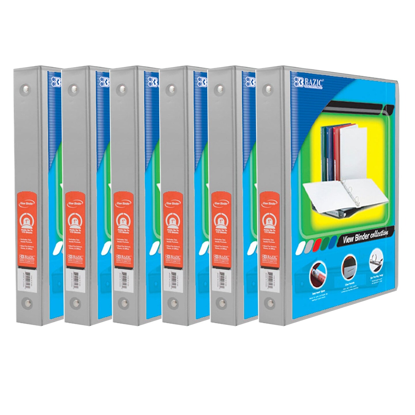 3-Ring View Binder with 2 Pockets, 1&#x22;, Gray, Pack of 6