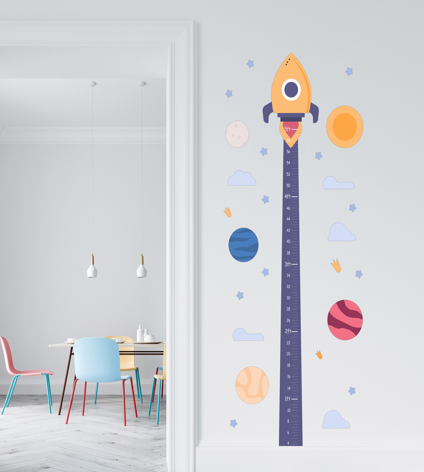 Space Rocket and Galaxy Growth Chart Nursery Wall Decal, 27x60 Inches, Moon, Stars and Clouds, Space Nursery Decor se219