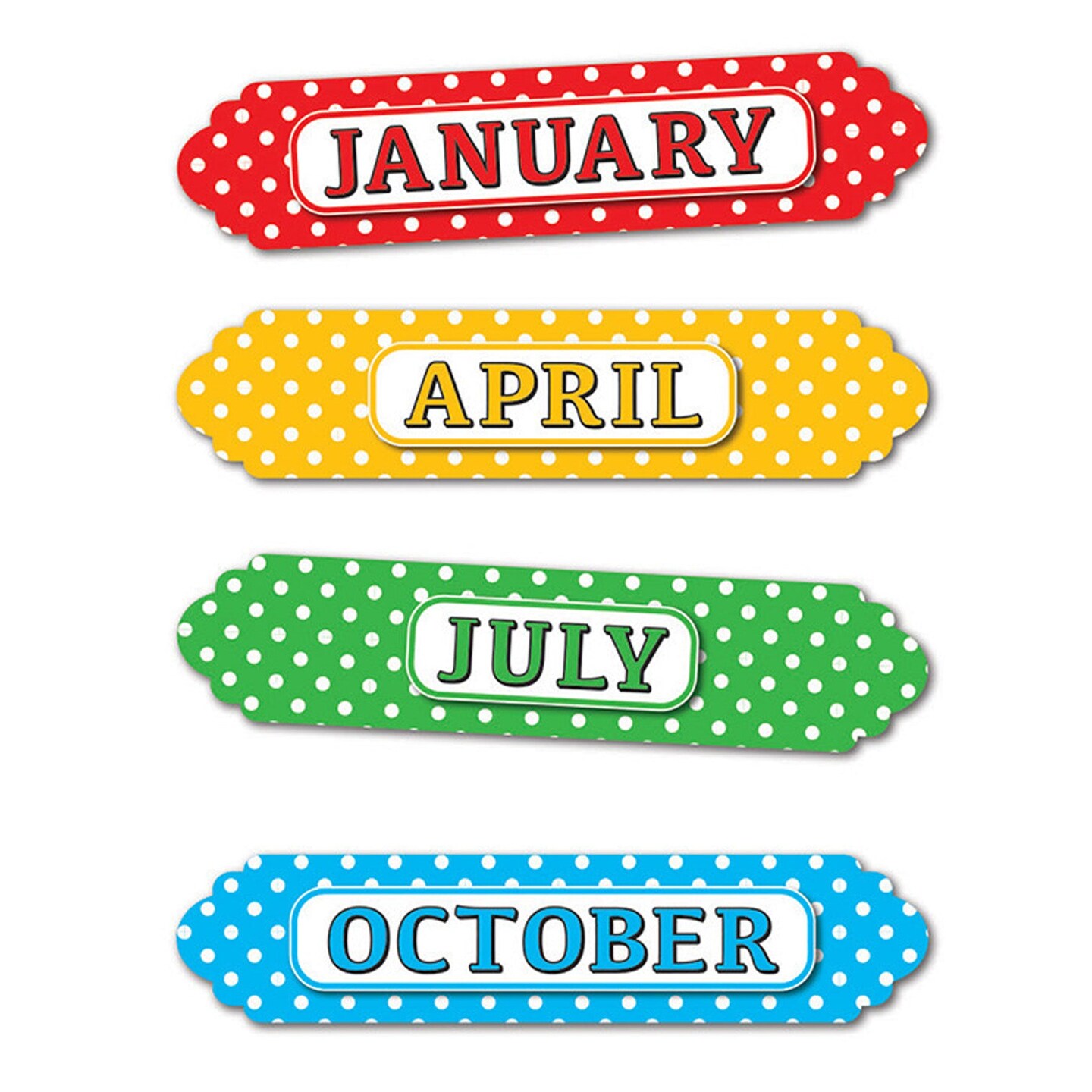 Magnetic Die-Cut Timesavers &#x26; Labels, Months of the Year, White Polka Dots On Assorted Colors, 12 Per Pack, 6 Packs