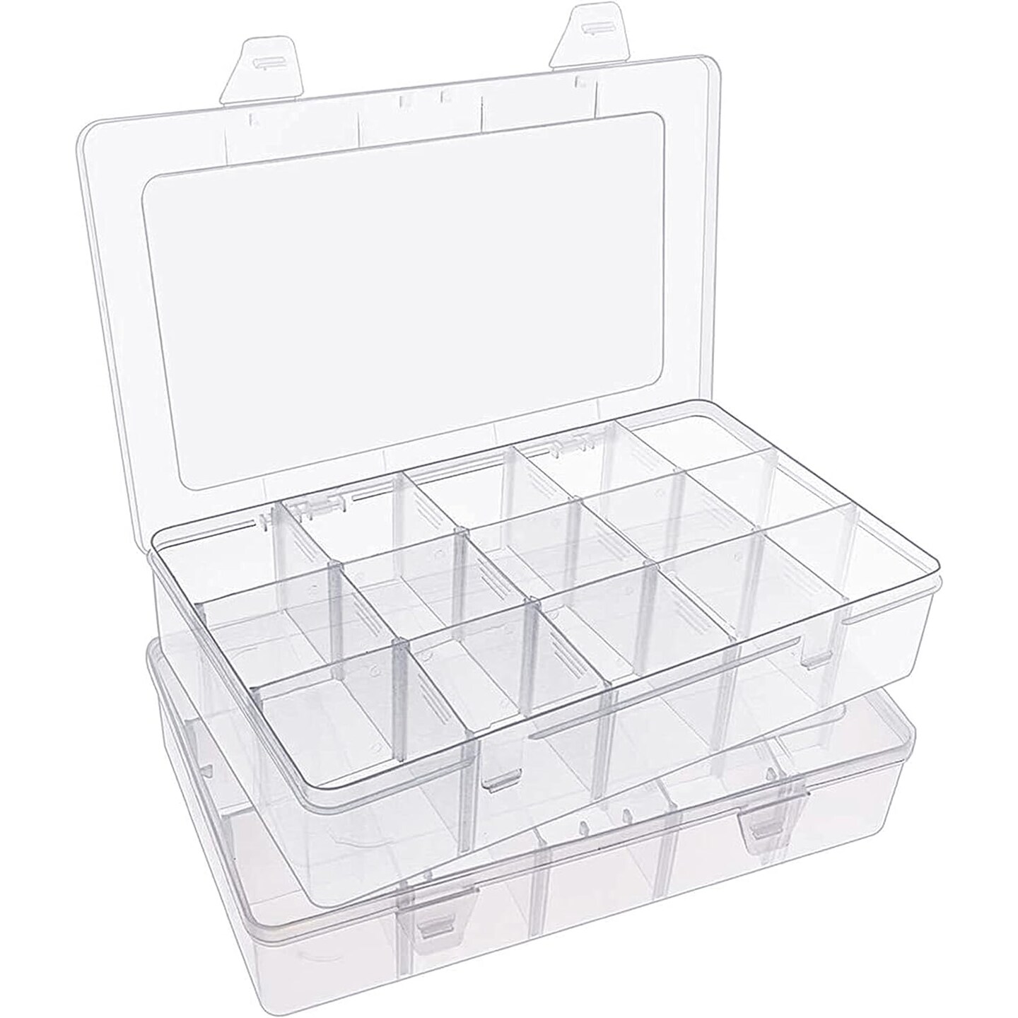 2 Pack 15 Girds Bead Organizer, Large Clear Plastic Organizer Box with Adjustable Dividers for Beads, Art DIY, Crafts, Jewelry, Fishing Tackle with Label Stickers