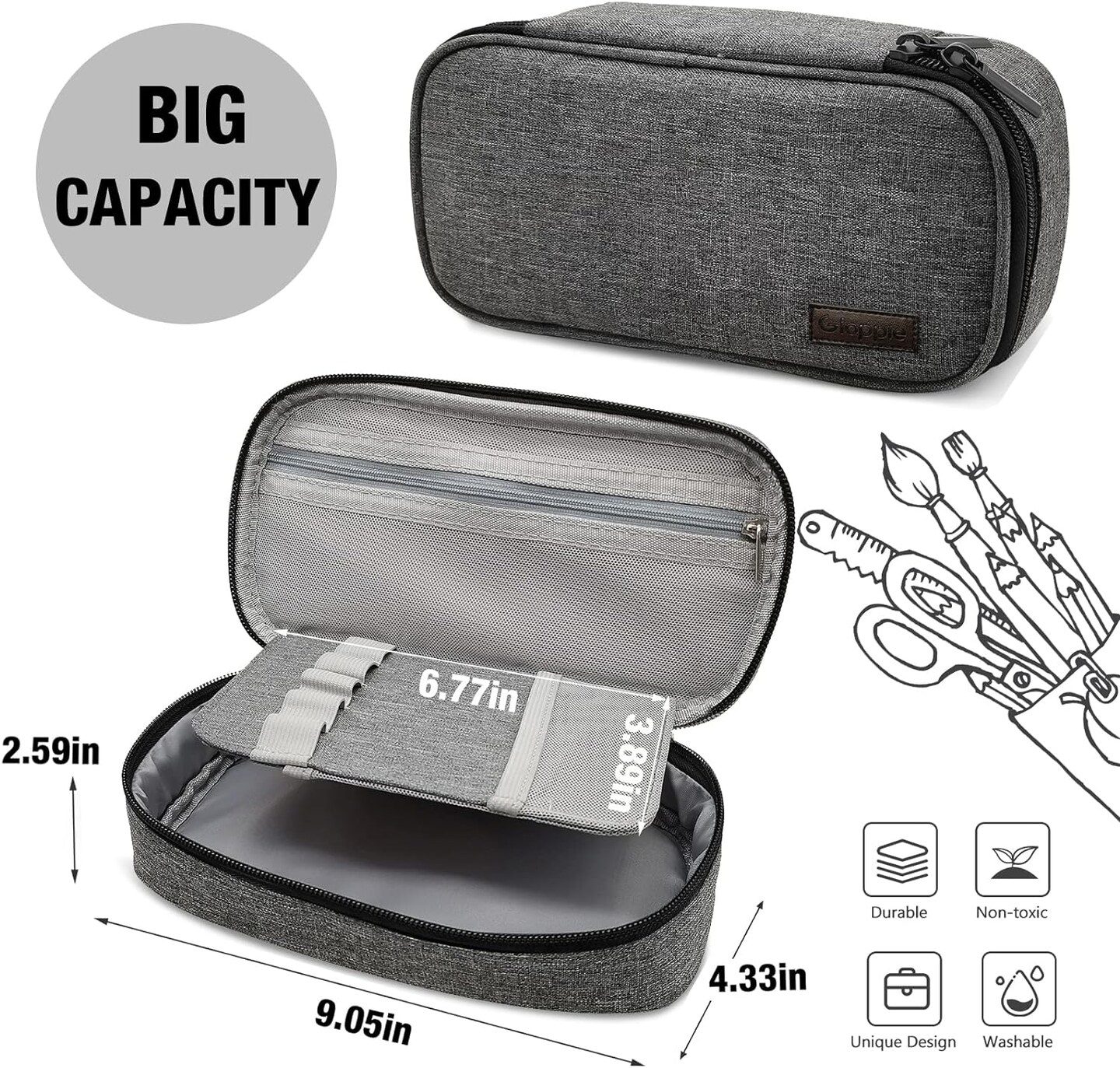 Pencil Case Dual Zipper Pencil Pouch Pen Box, School Supplies for Boys Adults, Grey