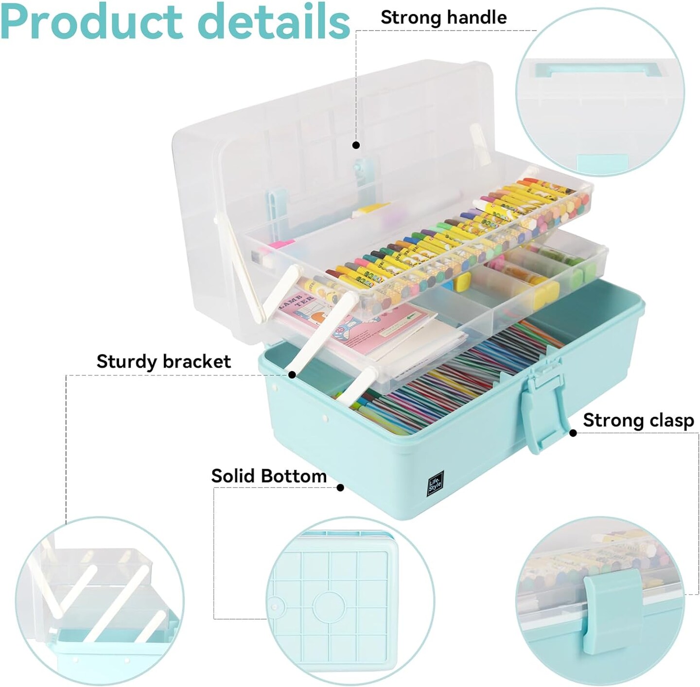 Sewing Storage Organizer Box 13-Inch Art Storage Box Craft Organizer 3-Layers with Handle Craft Art Bin Portable for Home School Office Travel