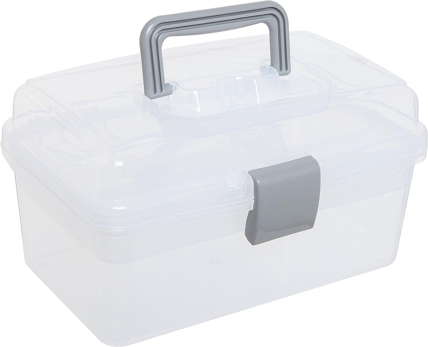 10.2 Inch Transparent Plastic Empty Multipurpose Tackle Box with Gray Handle and Removable Tray for Tools, First Aid, Sewing Kit, Arts Crafts Supplies Storage