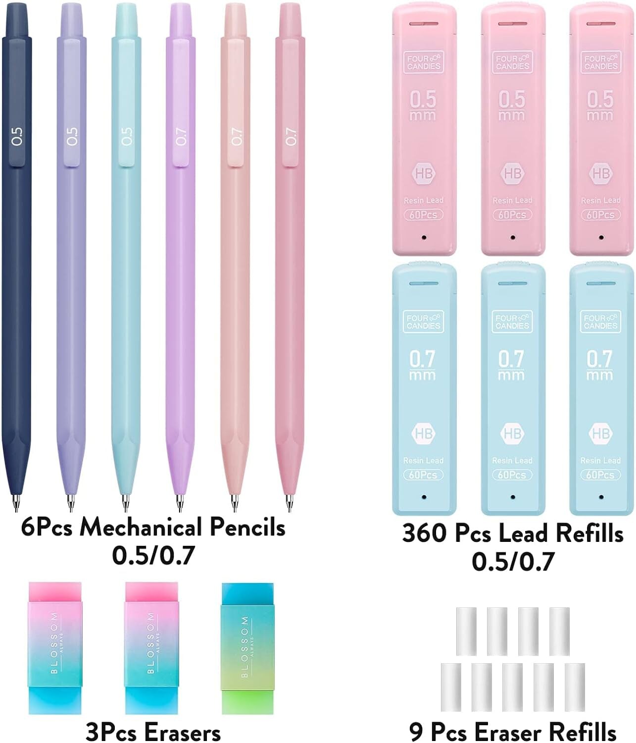 Cute Mechanical Pencil Set, 6PCS Pastel Mechanical Pencils 0.5 &#x26; 0.7Mm with 360PCS HB Pencil Leads, 3PCS Erasers and 9PCS Eraser Refills, Aesthetic Mechanical Pencils for Girls Writing
