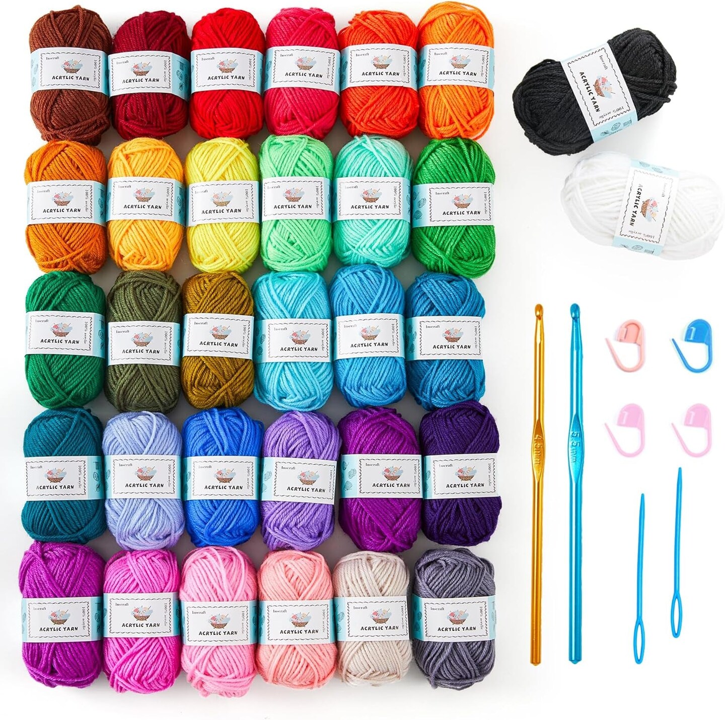 52 Acrylic Yarn Skeins, 1820 Yards 52 Colors, 2 Crochet Hooks, 2 Weaving Needles, 10 Stitch Markers, 1 Bag, for Crocheting &#x26; Knitting, Gift Beginners and Adults