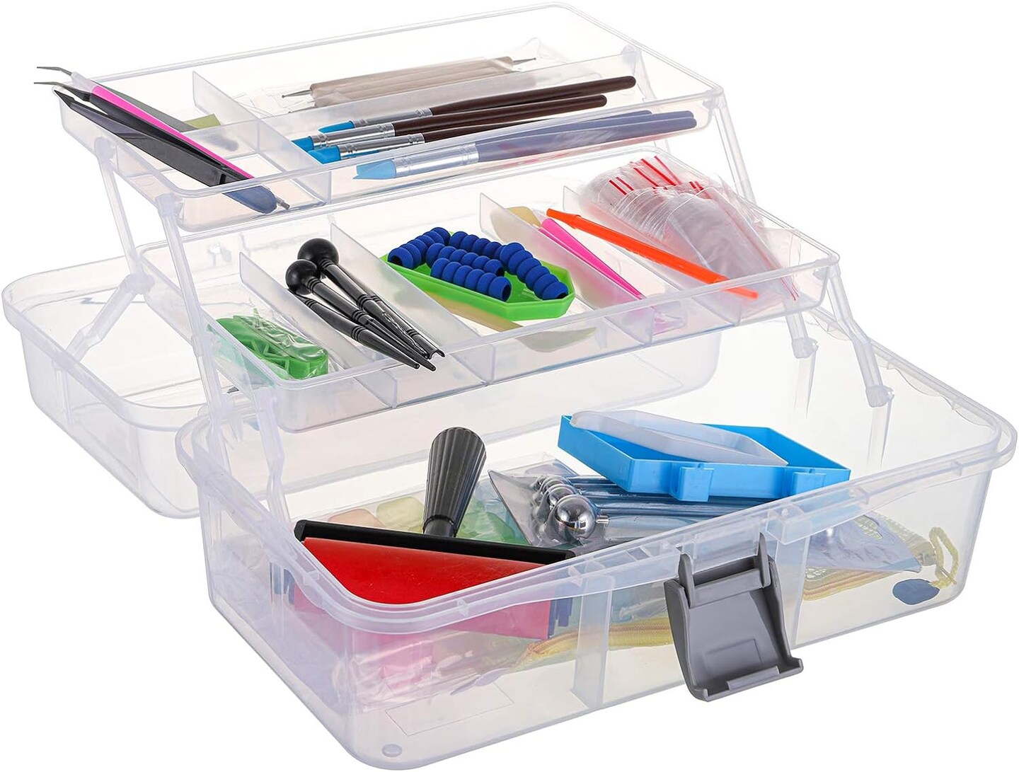 12-Inch 3 Layers Plastic Craft Organizer Box Storage Container First Aid Carrying Case for Sewing, Painting, Arts - Clear
