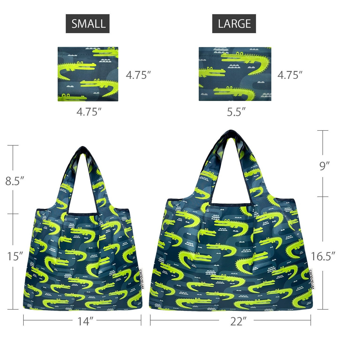 Wrapables Large & Small Foldable Tote Nylon Reusable Grocery Bags, Set of 2, Gators