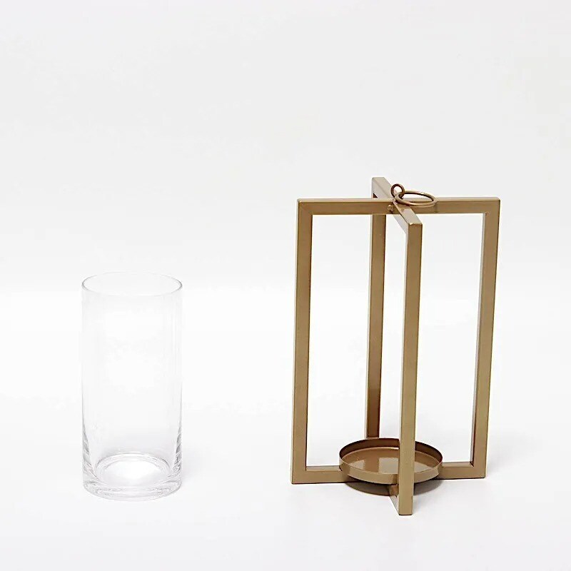 GOLD 11&#x22; Geometric Metal Cross Bar Lantern with Glass CANDLE HOLDER Party Event