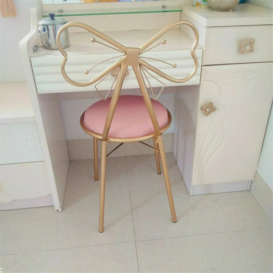 Butterfly Bow-Knot Vanity Chair Pink Velvet Gold Barstool Chair Makeup Leisure
