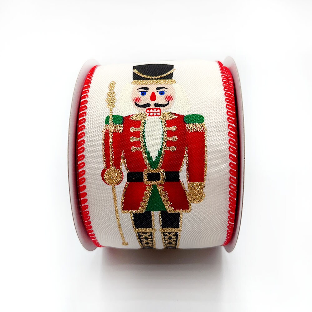 Designer&#x27;s Shop WR 63-5160 2.5&#x201D; x 10 yard Holiday Nutcracker with gold glitter wired edge ribbon