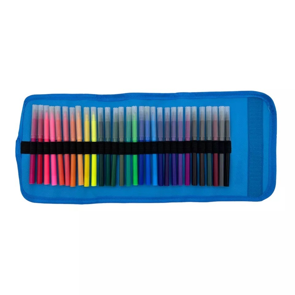 30-Piece Fine Line Markers Set with Blue Roll-Up Storage Case