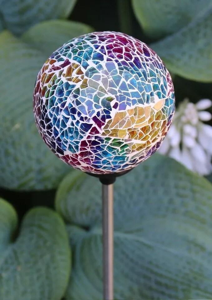 Solar Mosaic Glass Ball Garden Stake Color Change LED Light Outdoor Yard Decor
