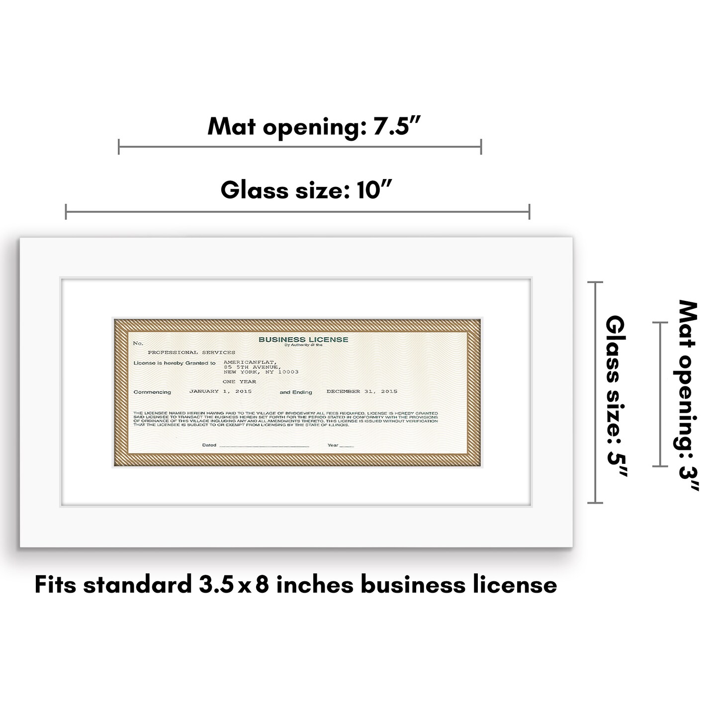 Americanflat 5x10 Business License Frame - Use as 3.5x8 Frame with Mat