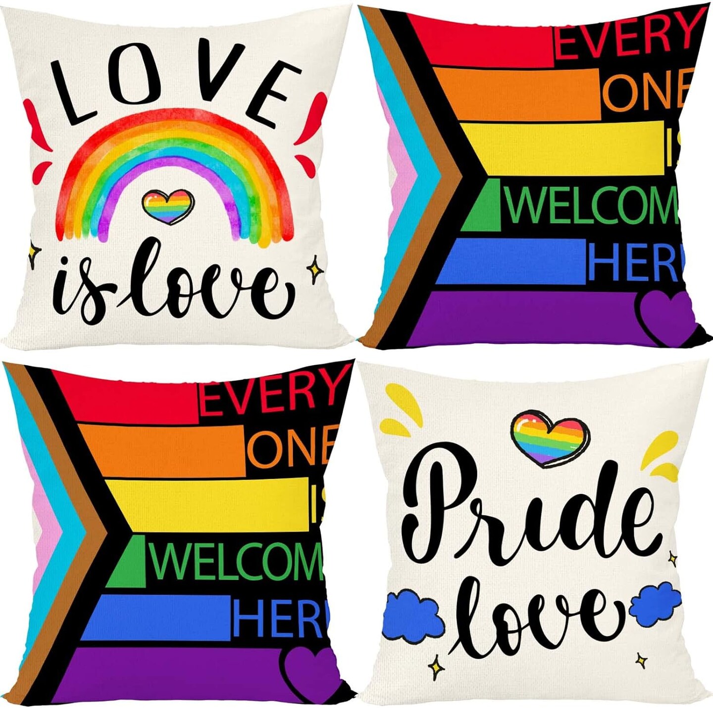 Set of 4 Rainbow Gay Pride Pillow Cases in Linen 18x18
