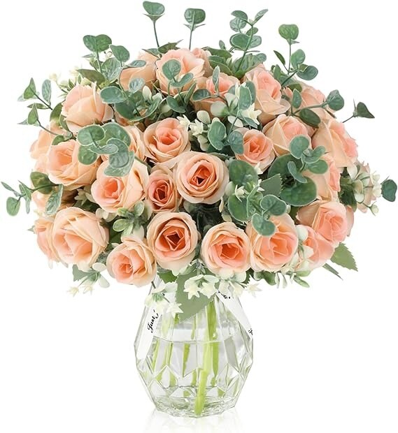 Faux Rose Flowers with Vase - 4 Bouquets of Silk Roses &#x26; Eucalyptus for Home Decor