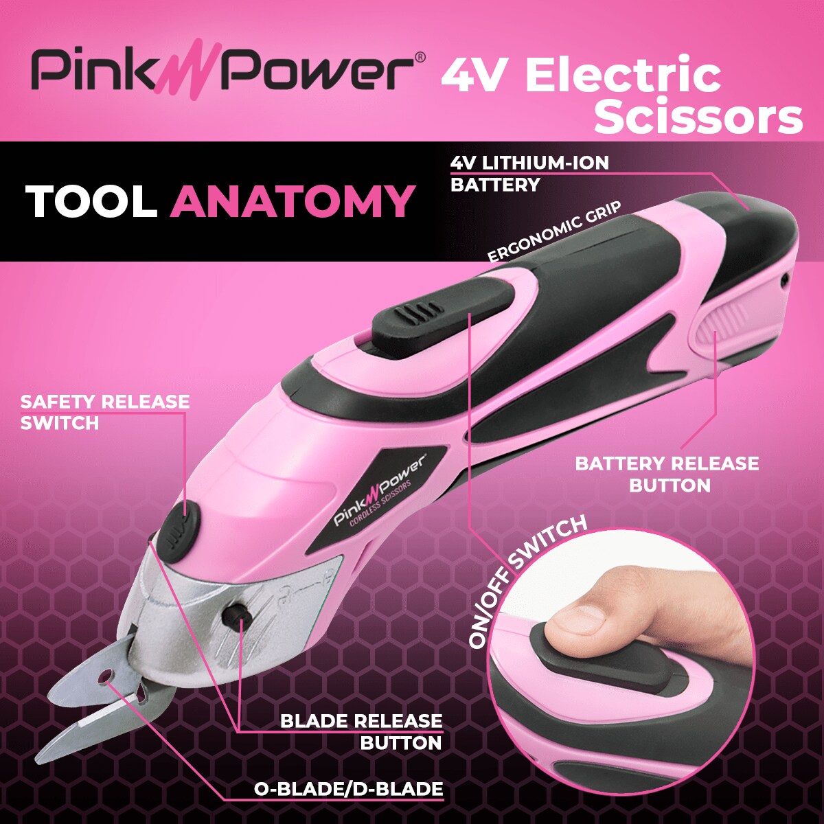 Pink Power 4V Pink Cordless Electric Rechargeable Fabric Scissors w/ Rotary Cutter