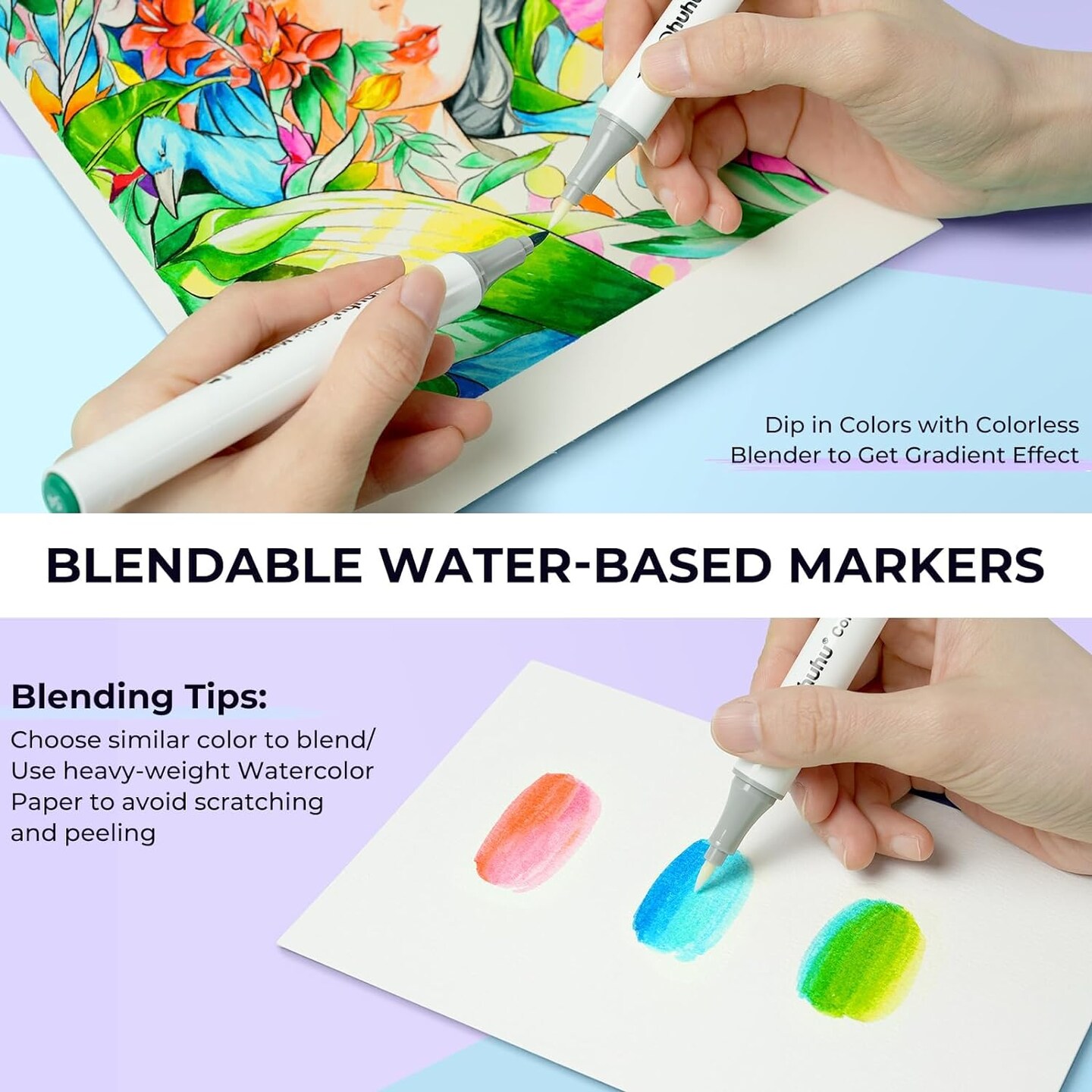 Ohuhu Water Based Markers for Adult Coloring Books No Bleeding Water-based Coloring Markers Dual Tips Chisel &#x26; Brush Drawing Pens Art Markers for Kids Adults Beginners Lettering Journaling (60 Colors)