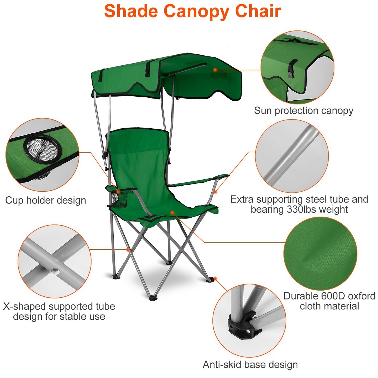Foldable Beach Canopy Chair Sun Protection Camping - Holds 330LBS Load