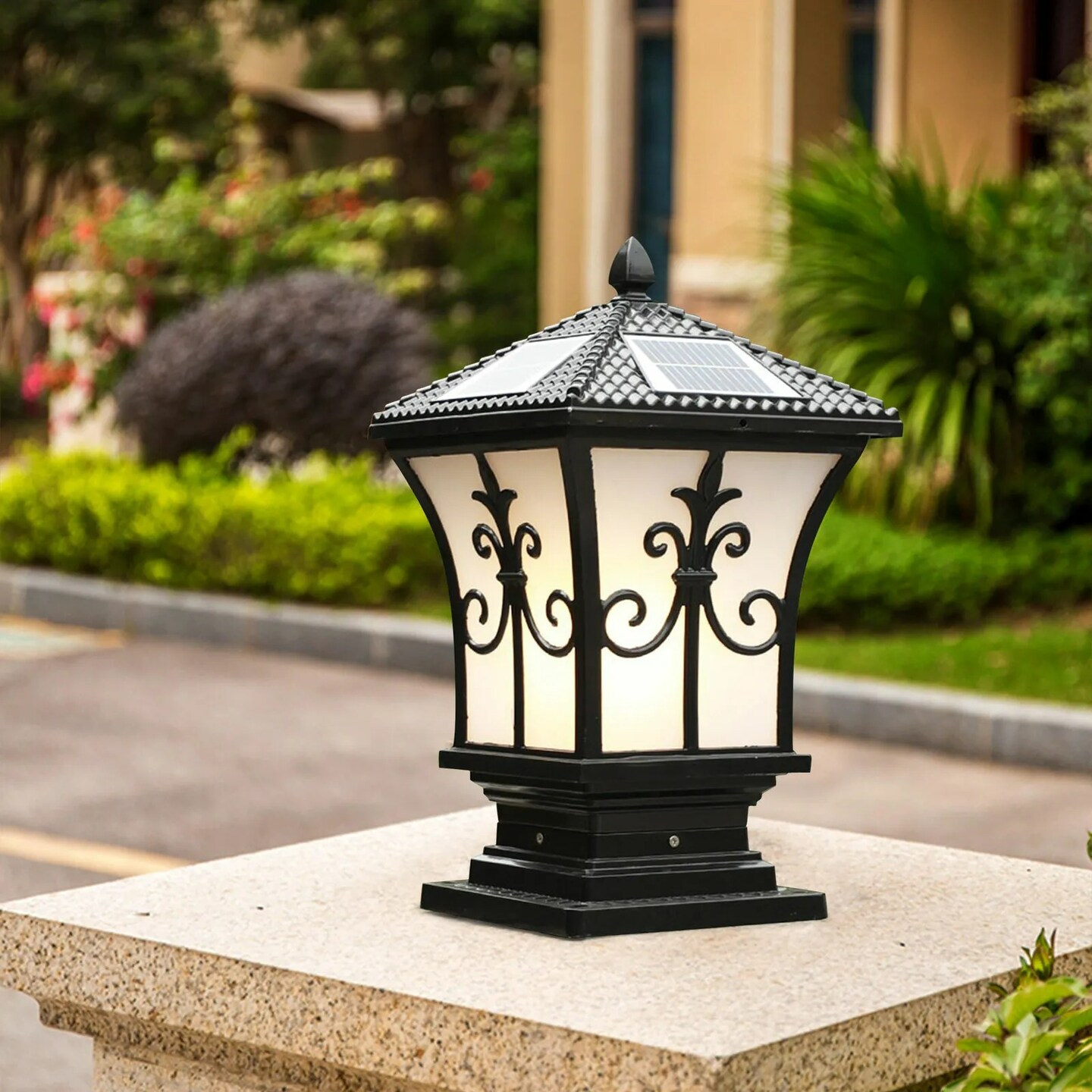 Solar Powered LED Post Light Stylish Black Outdoor Pillar Lamp for Garden Lawn