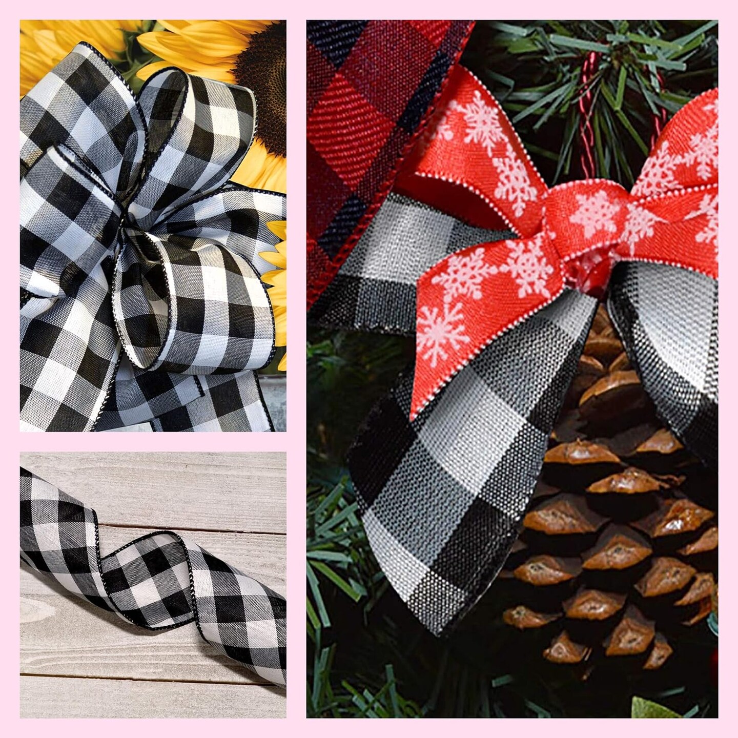 7398.60/50-613 Cambridge 2.5&#x22; X 50 YD Wired Ribbon, Black and White, Buffalo Check Plaid Ribbon for Gift Wrapping, Christmas Decorations Indoor Home Decor, Craft Supplies &#x26; Materials