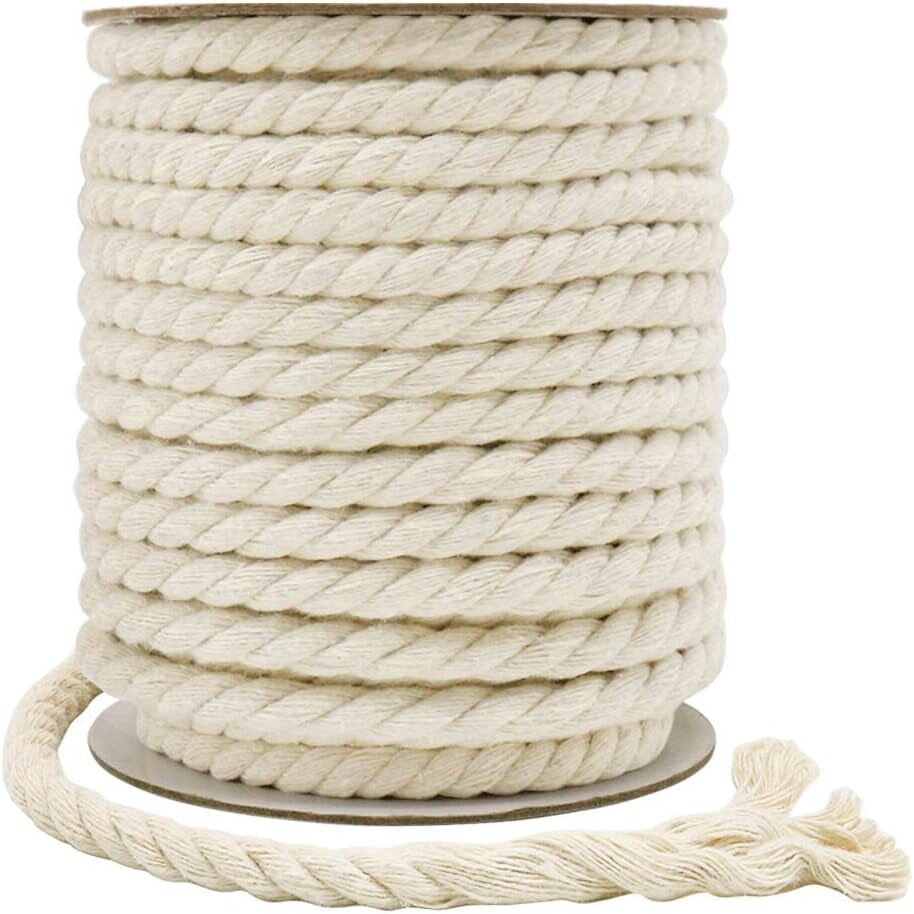 8Mm Macrame Cord, 59 Feet 3Ply Twisted Craft Cotton Rope Thick Nautical Rope for Crafts, Wall Hangings, Plant Hangers, Knotting, Rope Basket Making (Beige)