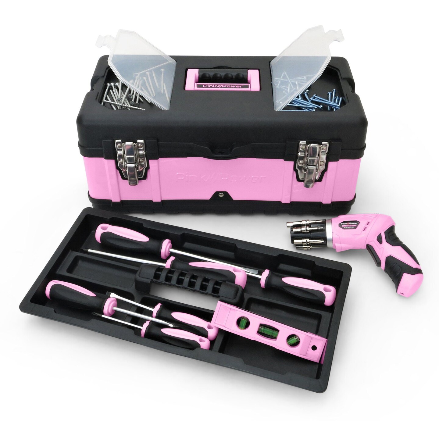 Pink Power 18&#x22; Lightweight Metal and Plastic Tool Box