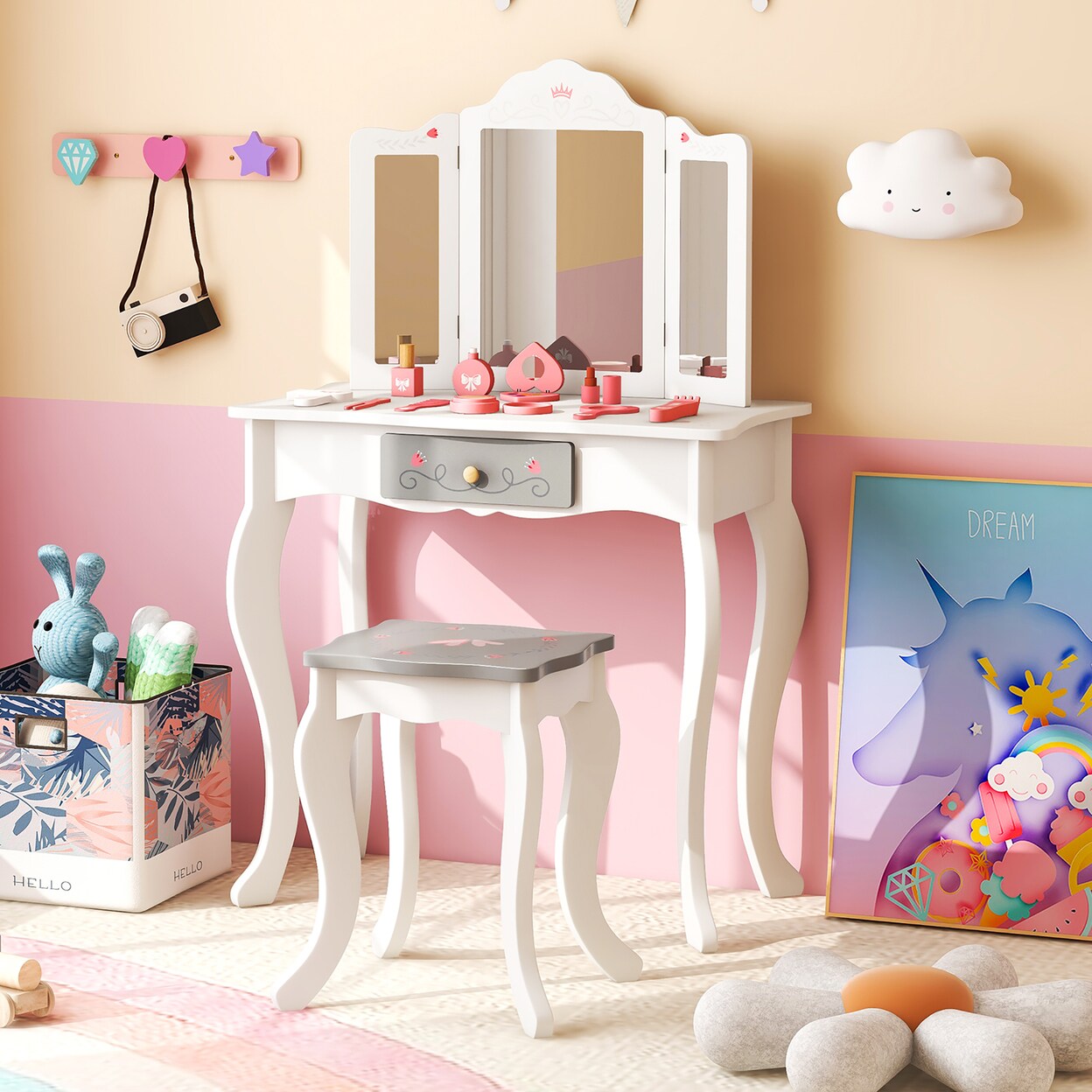 Gymax Kids Vanity Set Makeup Table and Chair Trifolding Mirror Sweet