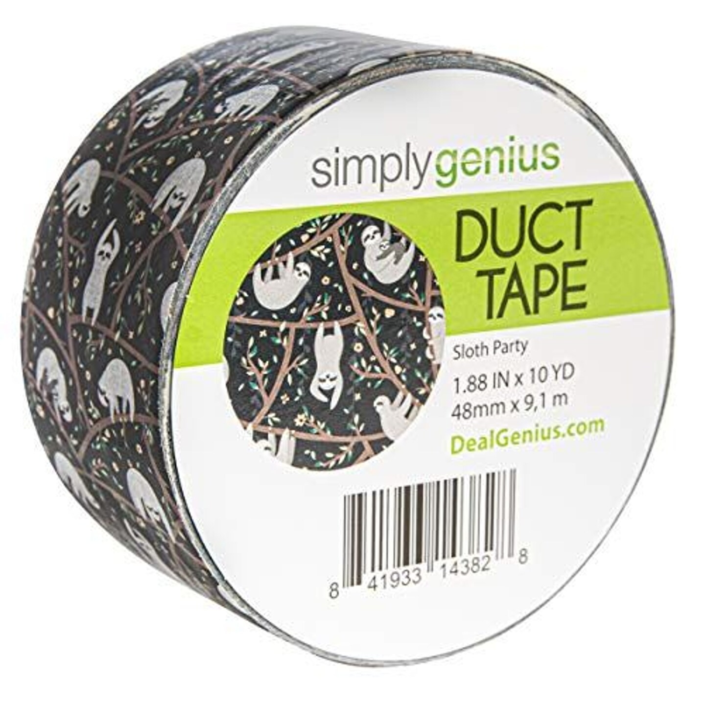 Simply Genius Pattern Duct Tape Heavy Duty, Single Roll 1.8 inches x 10 Yards, Colorful Duct Tape with Designs for Crafts, DIY, and Home Improvement, Printed Duct Tape Designs, Cute Sloth Party Design