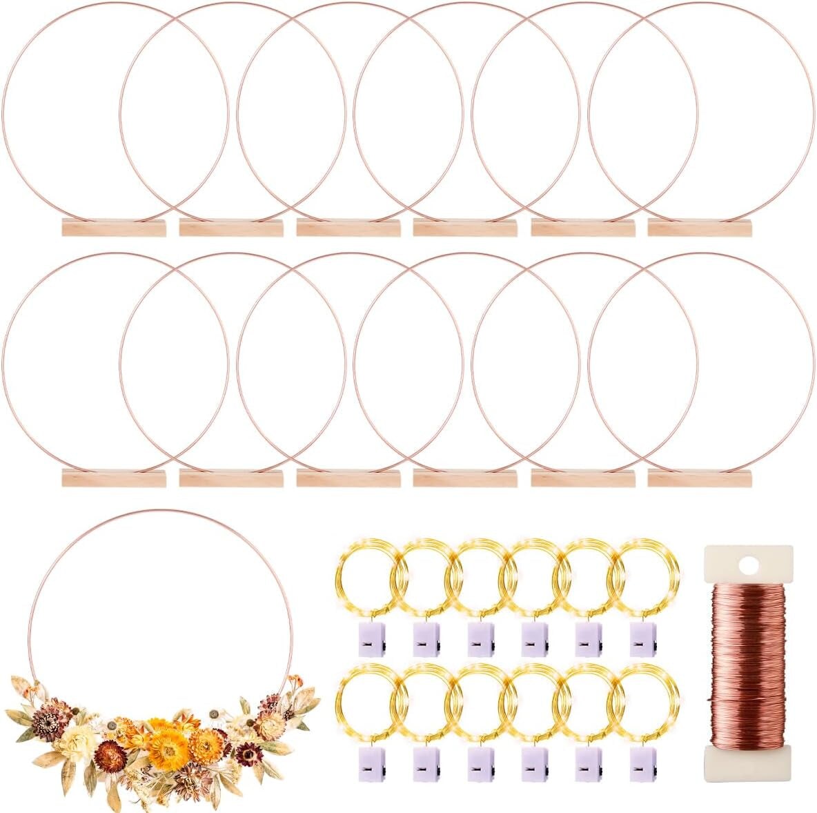 12 Pack Floral Hoop with Stand and LED Fairy Lights 14 Inch Metal Rings for DIY Centerpiece Table Decorations Crafts Macrame Rings Hoop Wreath Dream Catcher Rings Wedding Christmas Wreaths, Silver