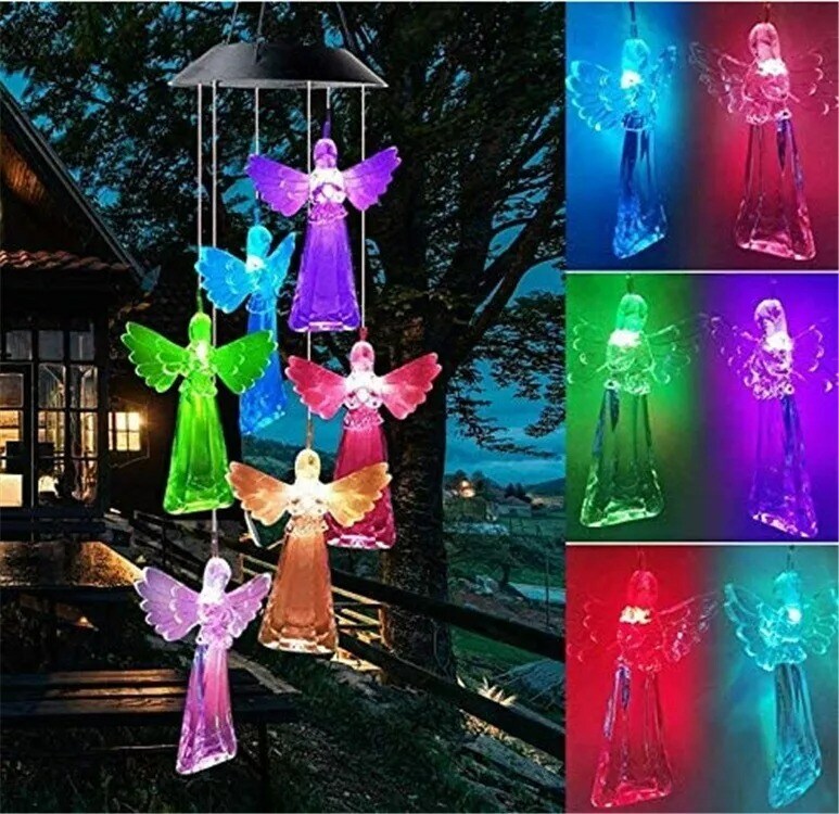 Solar Wind Chimes Lights LED Angels Color Changing Garden Lawn Hanging Lamp Deco