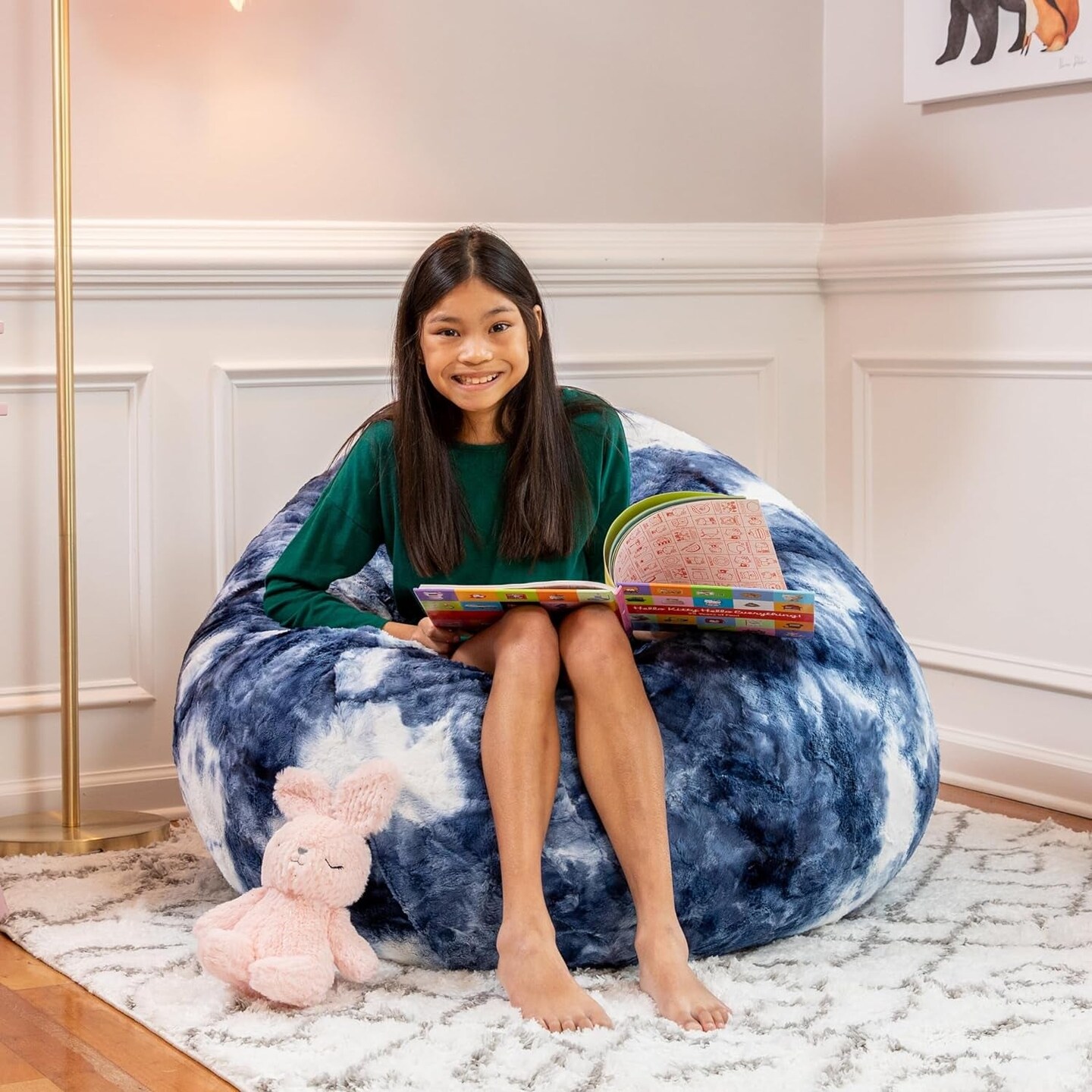 Cocoon 4 Foot Bean Bag Chair - Faux Fur, Blue &#x26; White Print