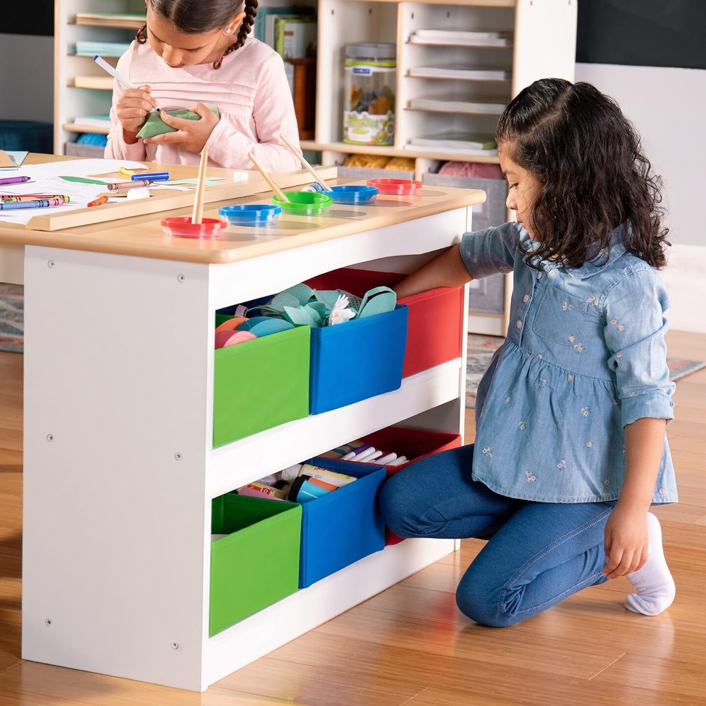 Arts and Crafts Center: Kids Activity Table and Drawing Desk with Stools, Storage Canvas Bins, Paper Roller, and Paint Cups | Toddlers Work Station - Children&#x27;S Wooden Learning Furniture