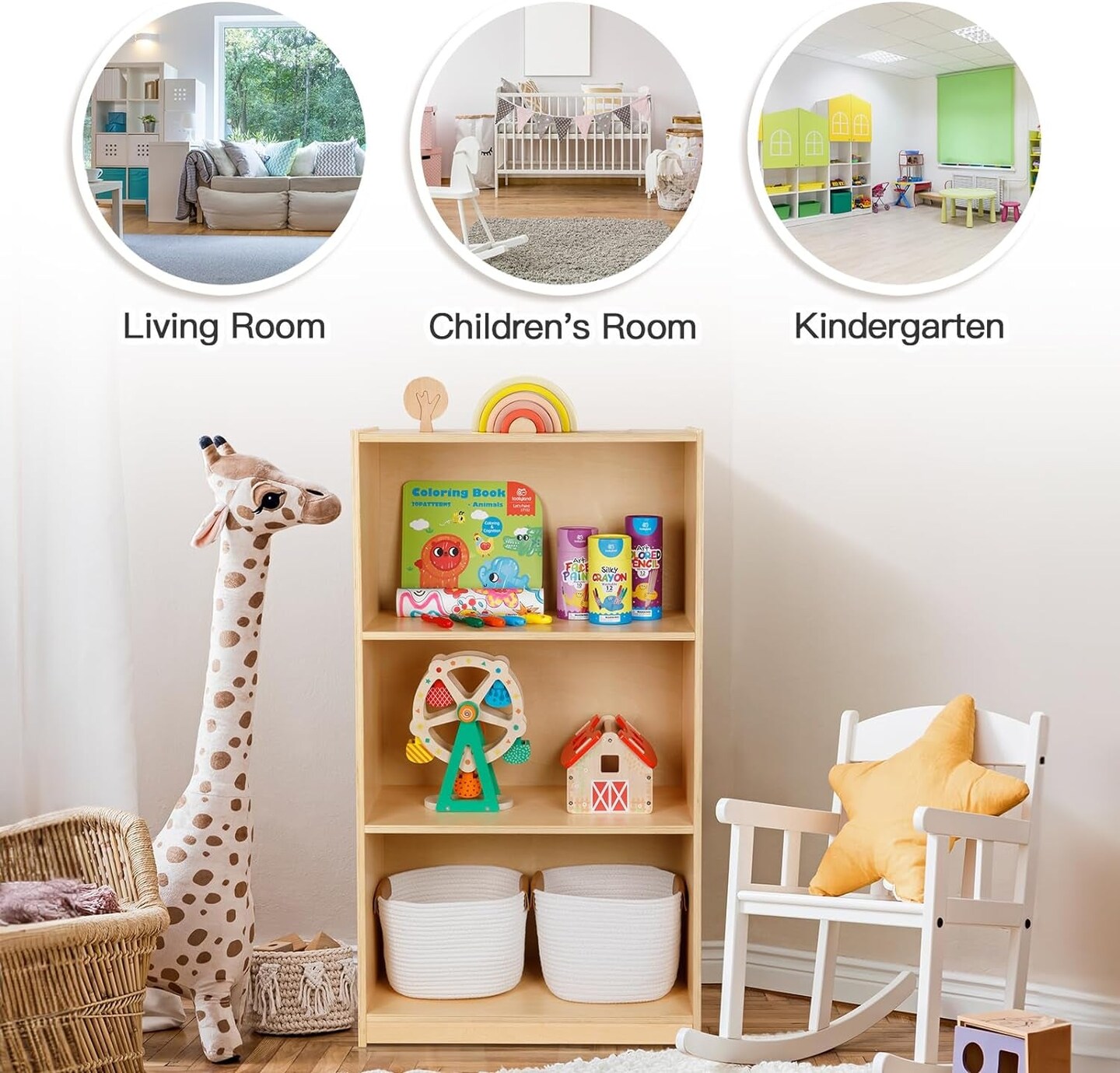 3 Tier Montessori Toy Shelf and Bookcase, Display Cabinet, Toy Organizers and Storage with anti Tipping Settings, Wooden Book Shelf for Kids Rooms, Classroom, Playroom, Nursery, School