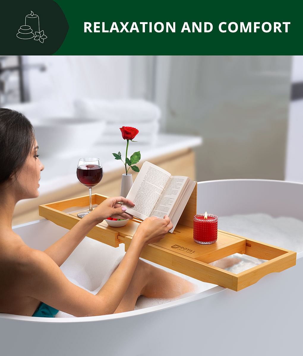 Bamboo Bathtub Caddy Tray Lite, Natural Bath Caddy for Bathtub - Royal Craft Wood