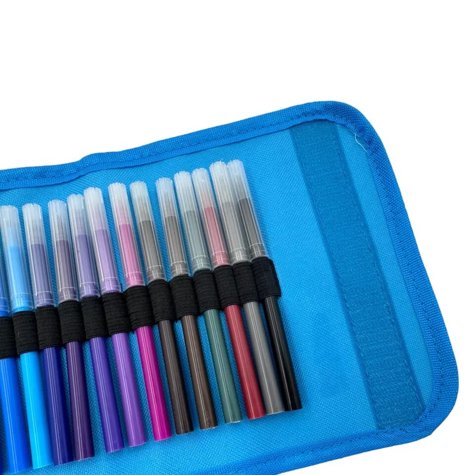 30-Piece Fine Line Markers Set with Blue Roll-Up Storage Case
