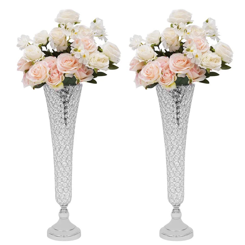 2 Pc Modern Crystal Trumpet Flower Silver Stand Crystal Vase For Wedding Decor