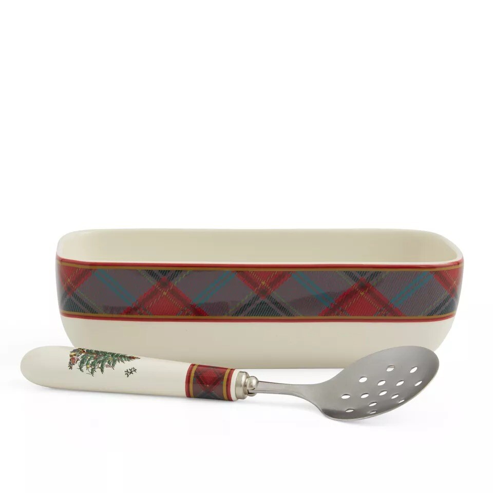 Spode Christmas Tree 8" x 4.25" Tartan Rectangle Server with Slotted Spoon