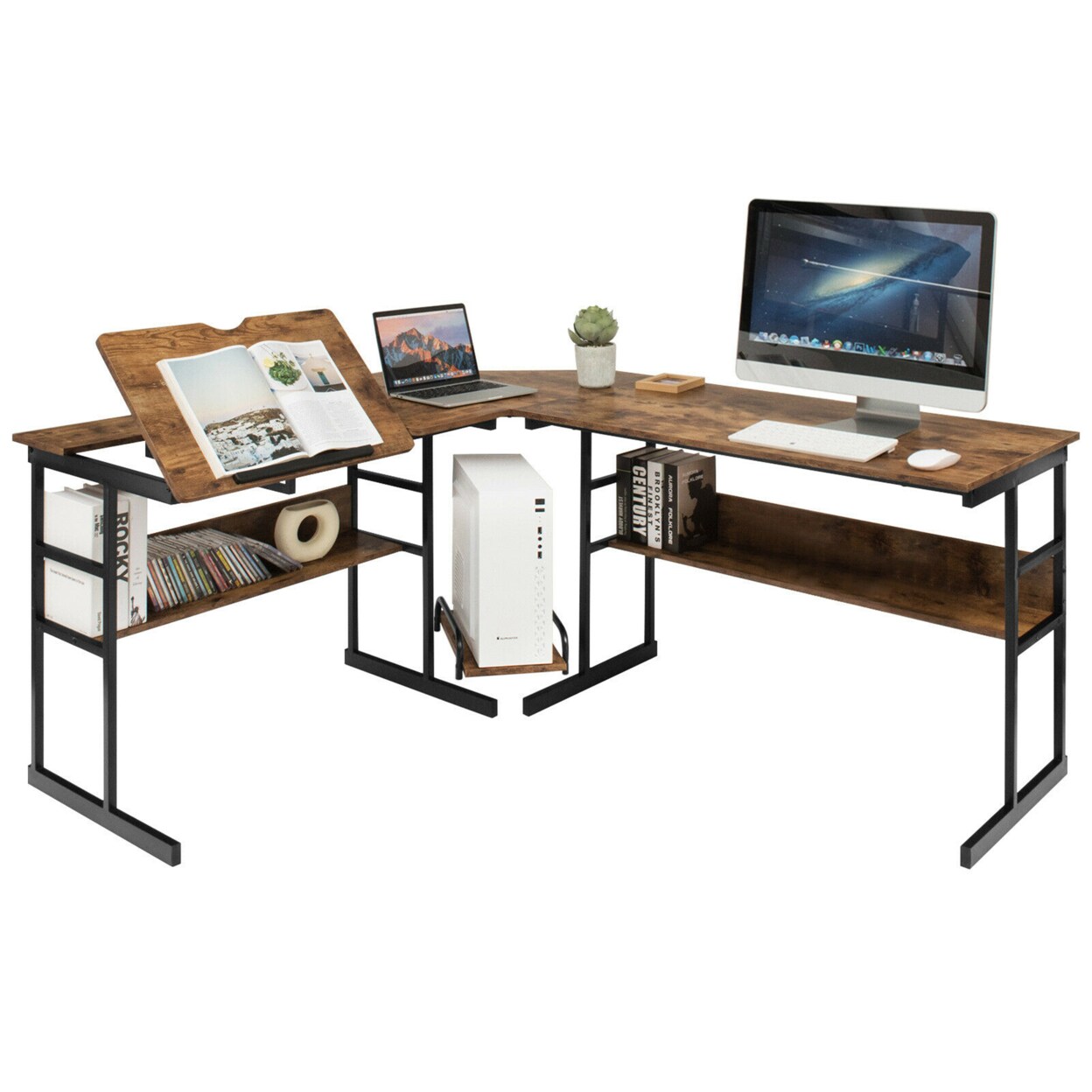 L-Shaped Computer Desk Drafting Table Workstation W/ Tiltable Tabletop