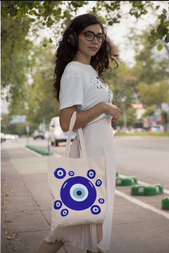Set Sac Tote Bag + Pochette Mandala Isis - Coton Beige, Motif Cristal, Taille Moyenne