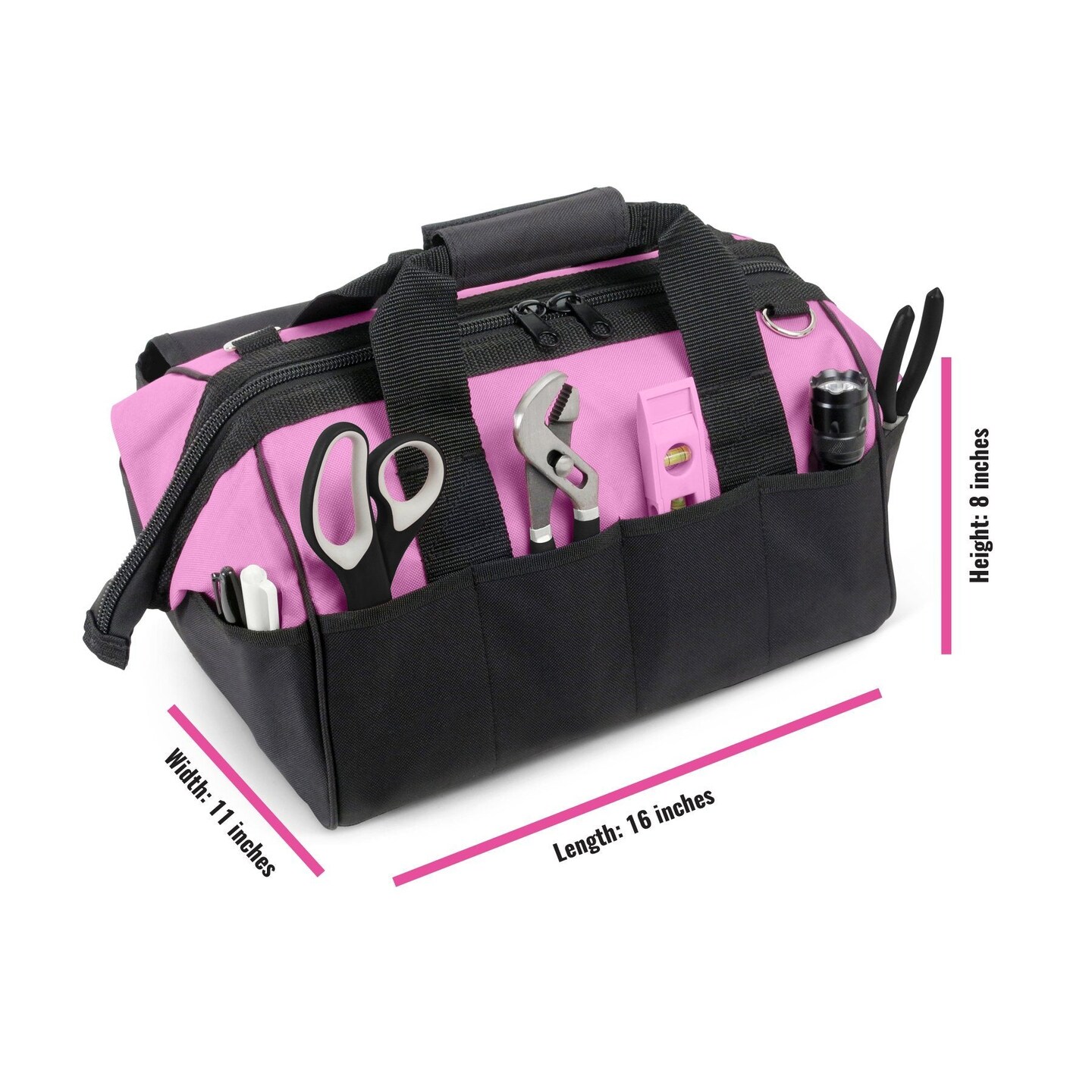 Pink Power Pink Tool Bag for Women -16" Tool Tote Bag w/ 22 Storage Pockets - Womens Small Tool Bag Ladies Tool Box for Hand Tools, Power Tool Kits & More - Womens Zipper Toolbag Tool Caddy Organizer