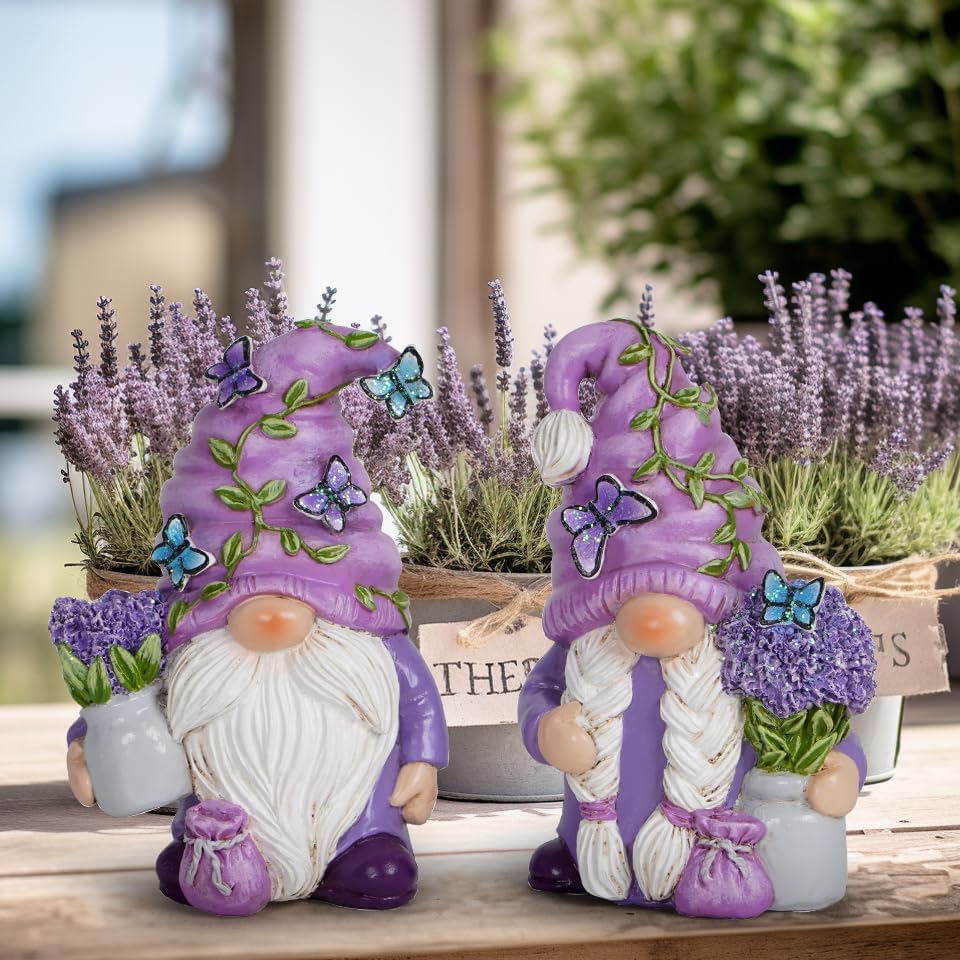 2 pieces Swedish Tomte Elf Dwarf Figurines Summer Gnome Indoor Home Decor Gift (Lavender).