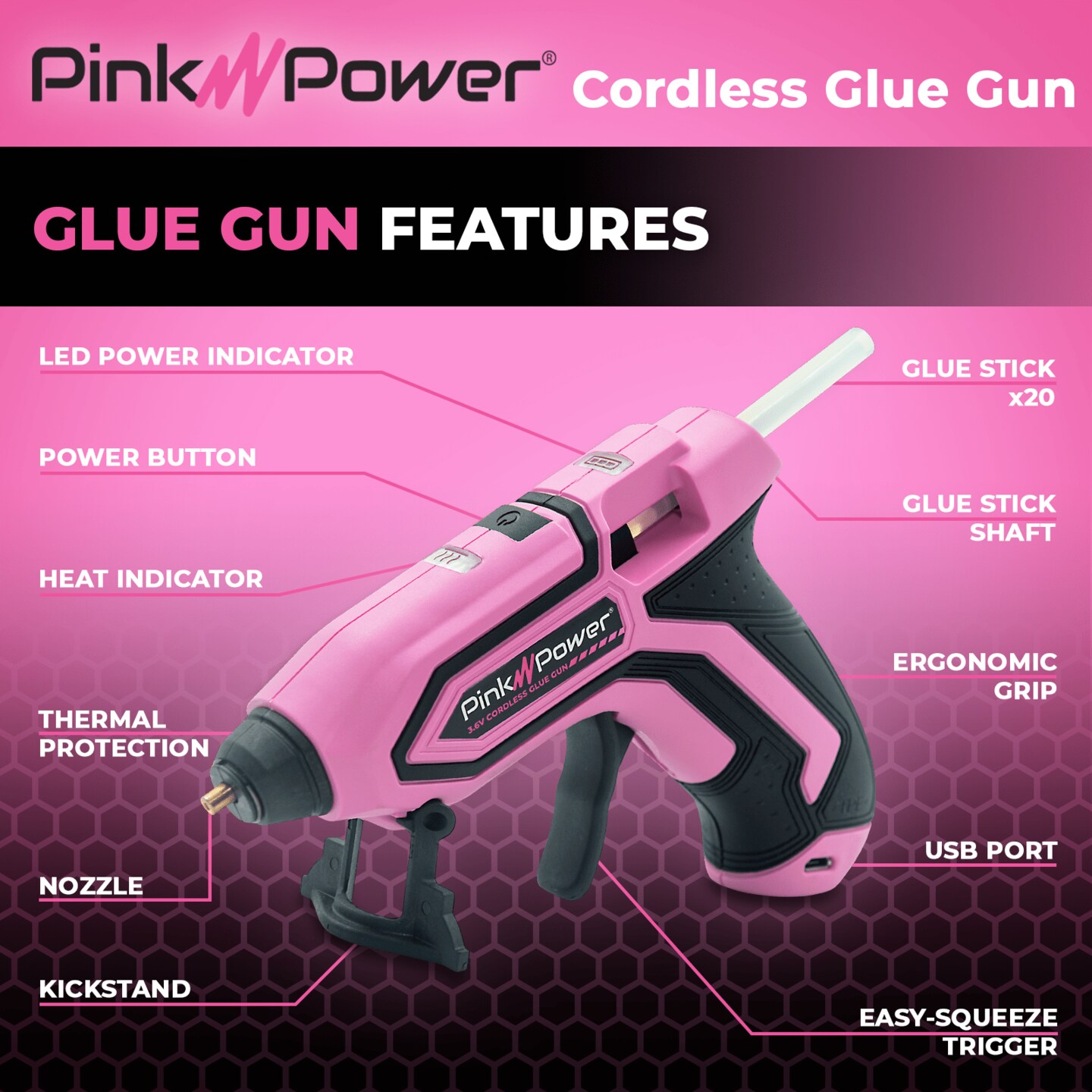 Pink Power Cordless Pink Mini Hot Glue Gun with Stand