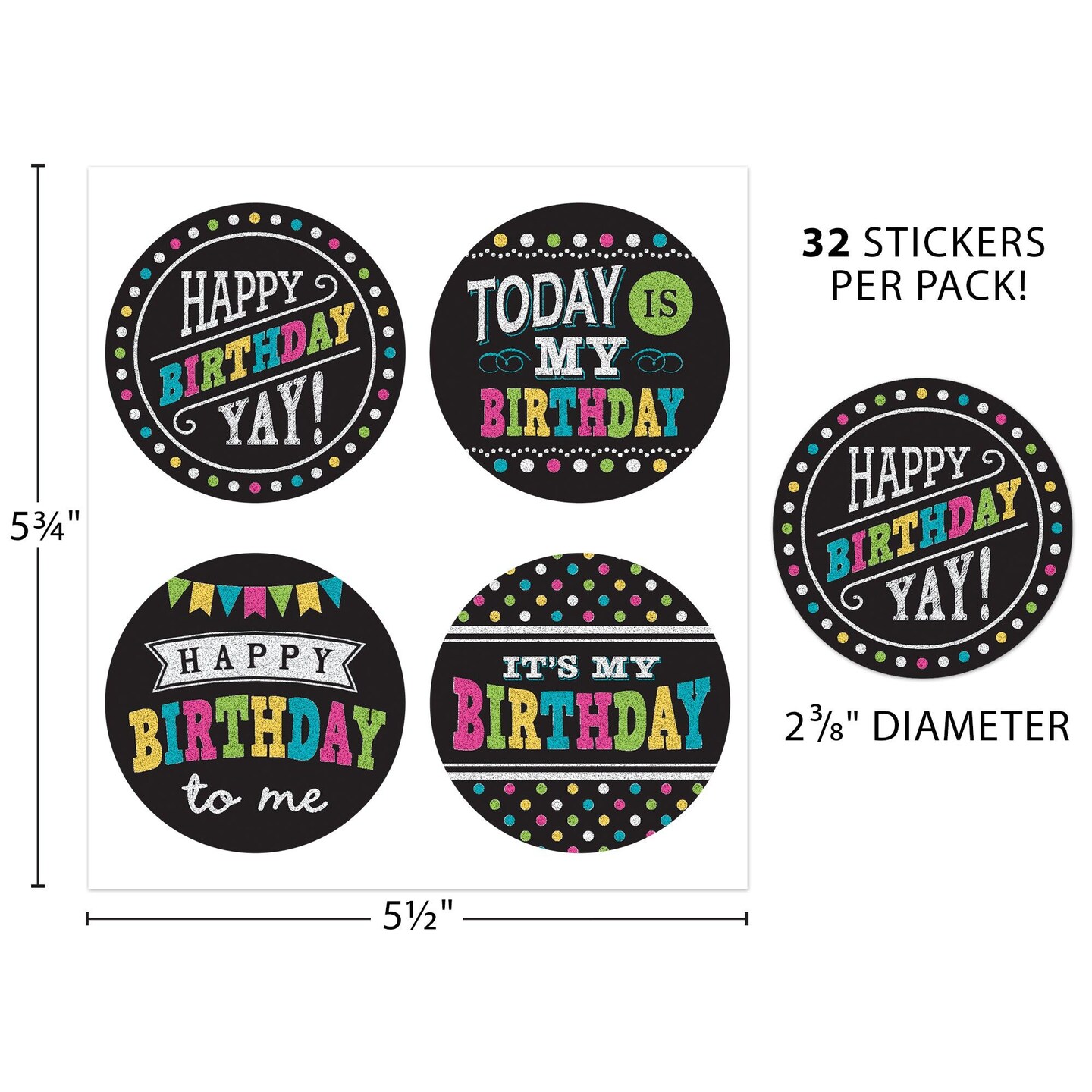 Chalkboard Brights Happy Birthday Wear &#x27;Em Badges, 32 Per Pack, 6 Packs