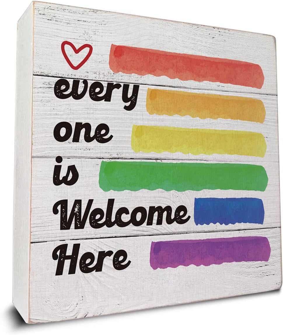 Wooden Box Sign Desk Decor - Pride Rainbow Quote Wood Box Sign for Home Office Classroom Shelf Table Decoration 5 x 5 inch
