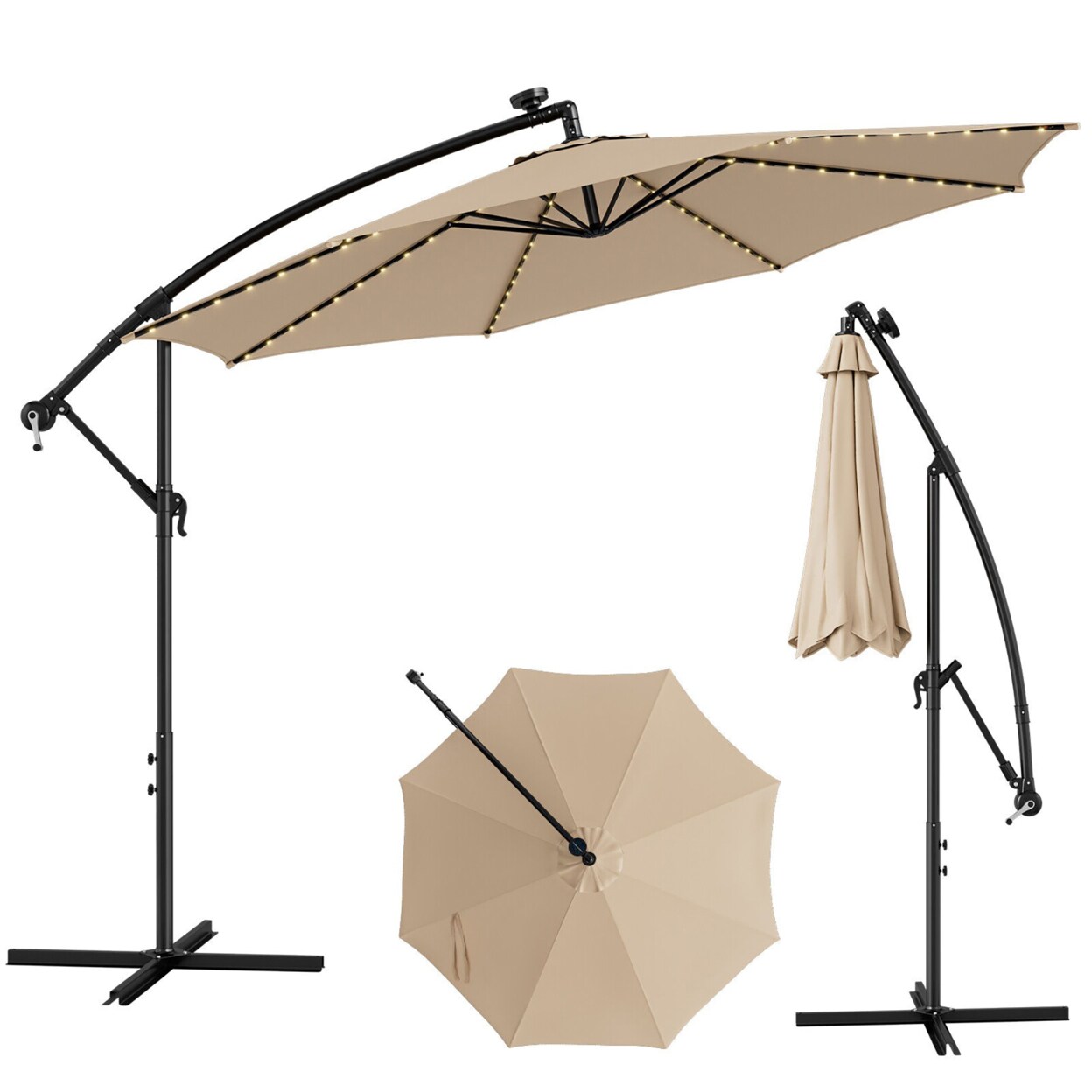 10 Ft Offset Patio Umbrella Solar Powered Cantilever Umbrella W/ 112 Led Lights