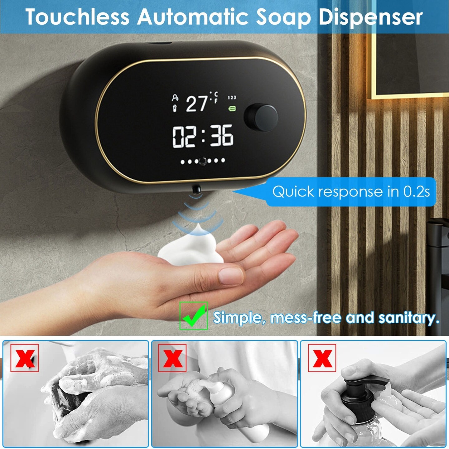 Automatic Wall-Mounted Soap Dispenser - Touchless Infrared Sensor, Liquid Foam, 450ml, with Clock and Temperature Display, USB Rechargeable