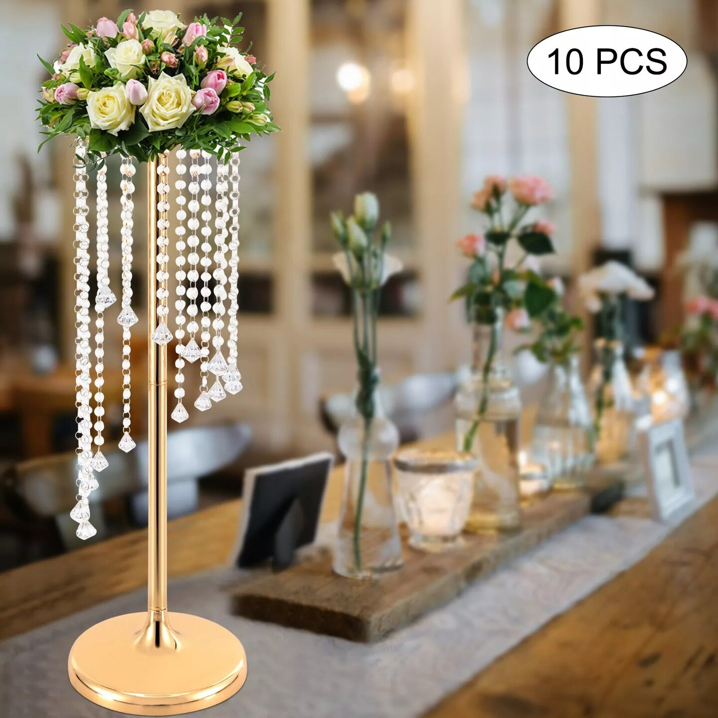 10Pcs Crystal Flower Stands Vases 70cm Wedding Centerpieces Dining Table Gold