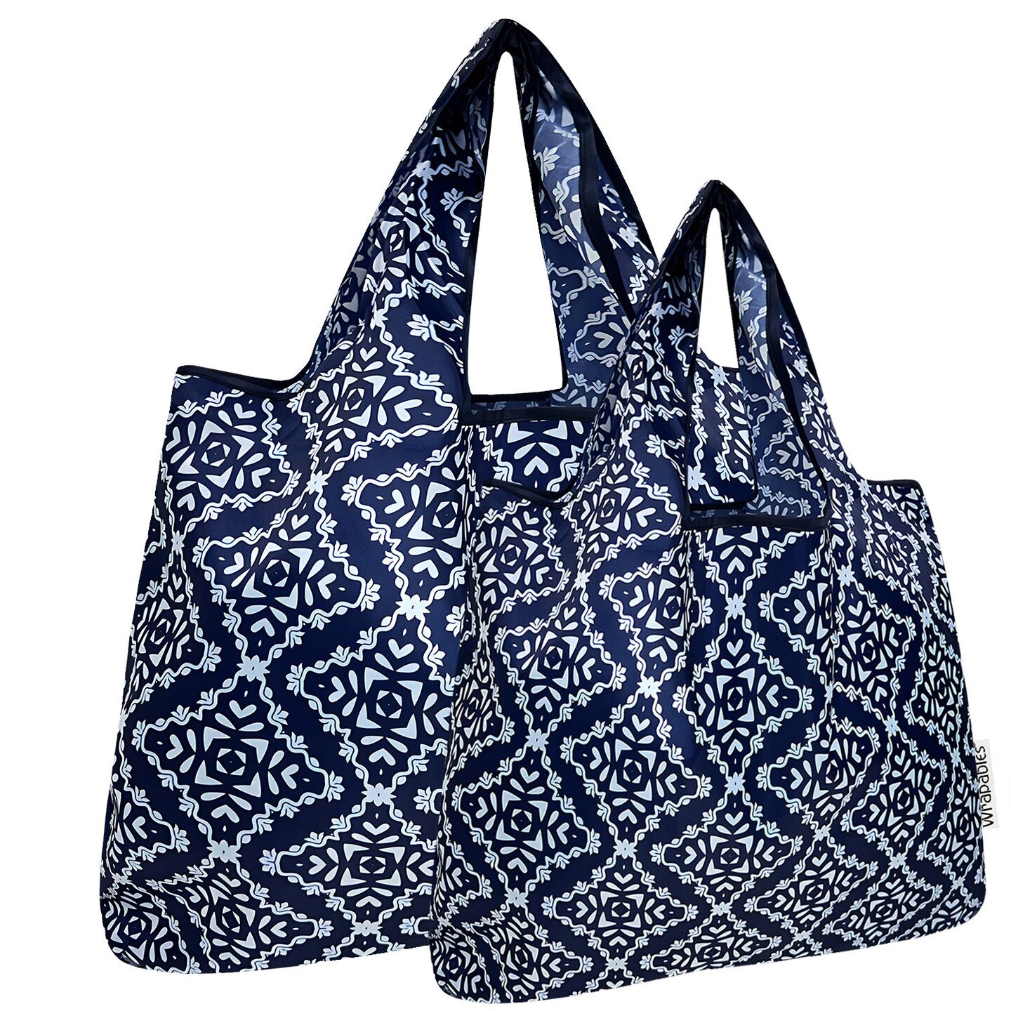 Wrapables Large & Small Foldable Tote Nylon Reusable Grocery Bags, Set of 2, Navy Deco